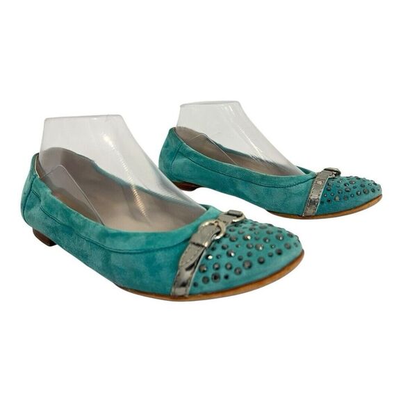 AGL Size 38 US 7 Ballet Flats Rhinestone Cap Toe Turquoise Suede Shoes - Picture 1 of 8